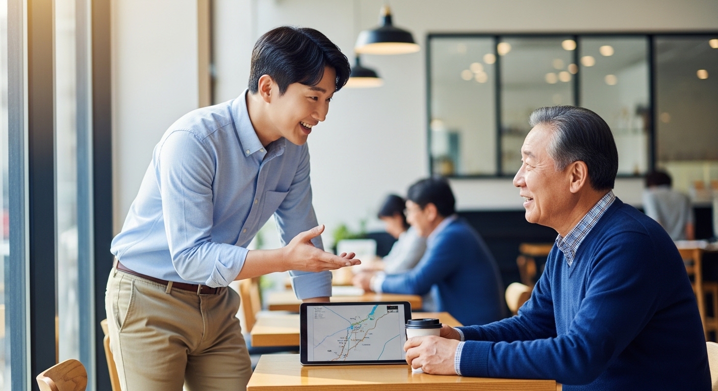 파트너가 노트북을 보며 상담하고 교육받는 모습